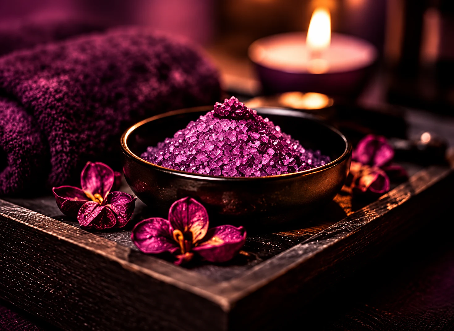 Candlelit luxury spa still life with magenta bath salts and orchid flowers