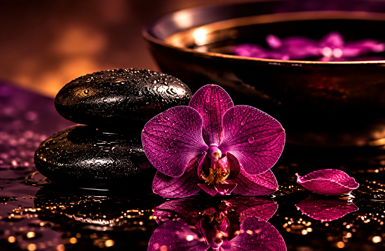 Magenta orchid, polished spa stones and warm candlelight